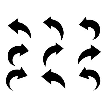 Set of black curved arrows pointing in various directions on a white background with arrow set direction icons navigation symbol
