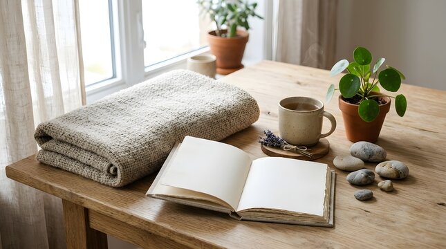 Cozy aesthetic still life with open blank journal tea cup plant and blanket on wooden table