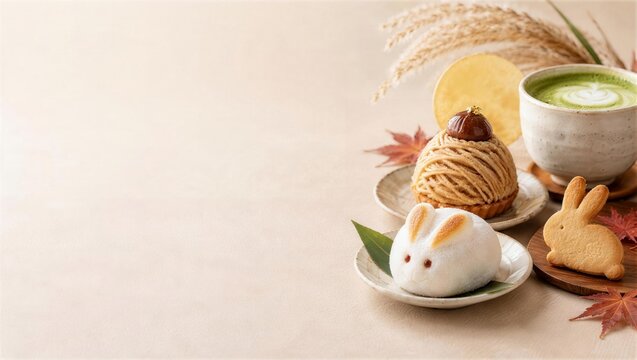 うさぎ大福とモンブランを添えた秋の抹茶ラテセット