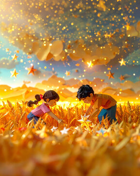 Charming plasticine craft illustration of children collecting glowing stars in a golden field under a bokeh sky. Perfect for children stories, fantasy branding, education content and social media