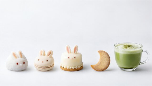 白背景に並べたうさぎスイーツと抹茶ラテ