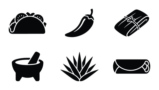 Mexican Food Icons Set: Taco, Chili Pepper, Tamale, Molcajete, Agave, Burrito Vector Graphics