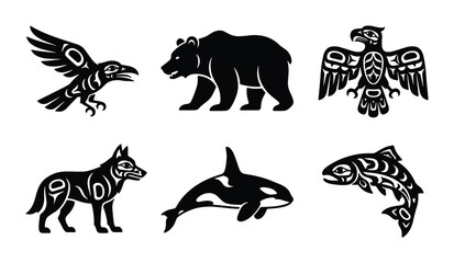 Fototapeta premium Indigenous Art Style Vector Icons: Raven, Bear, Eagle, Wolf, Orca, Salmon, Tribal Motifs