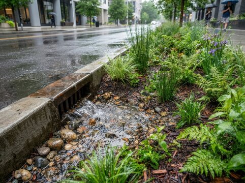 sponge city stormwater management Urban rain garden with plants and gravel next to a city street curb