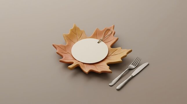 Blank circular paper tag resting on autumn maple leaf plate beside simple stainless steel cutlery
