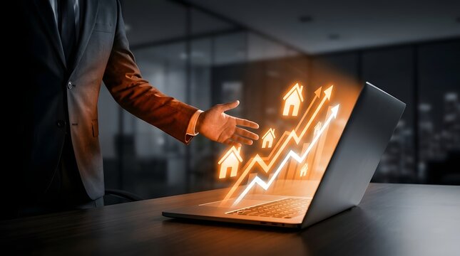Data analysis visualization on laptop screen with blurred office background at night