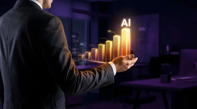 Business professional looking at a glowing data stream representing artificial intelligence and growth