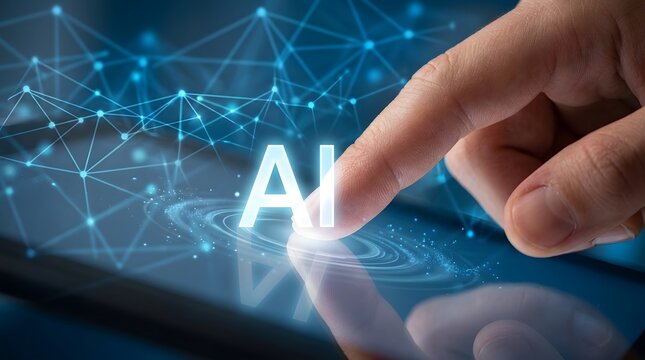 A human hand touches a glowing artificial intelligence network representing future technology and digital connections