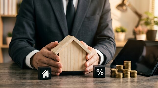 Man protecting a wooden house with coins and financial symbols representing investment and security