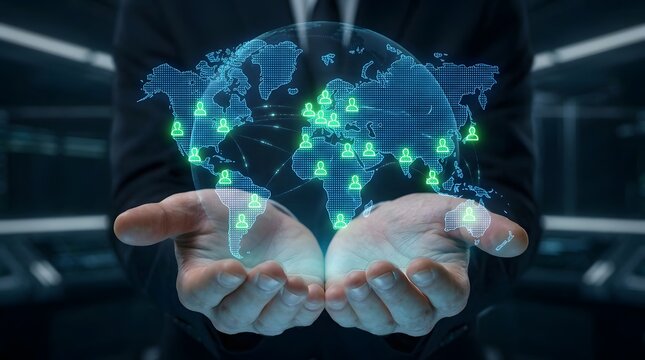 Man holding a glowing digital world map in his hands representing global connectivity