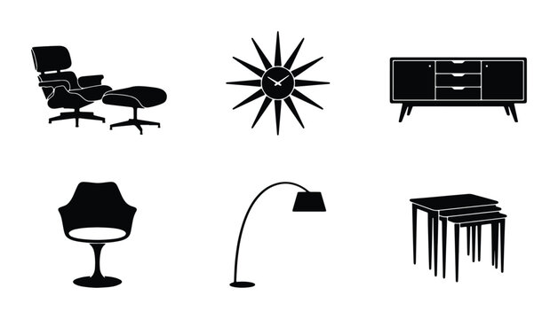 Mid-Century Modern Furniture Icons: Eames Chair, Starburst Clock, Credenza, Tulip Chair, Arc Lamp, Nesting Tables