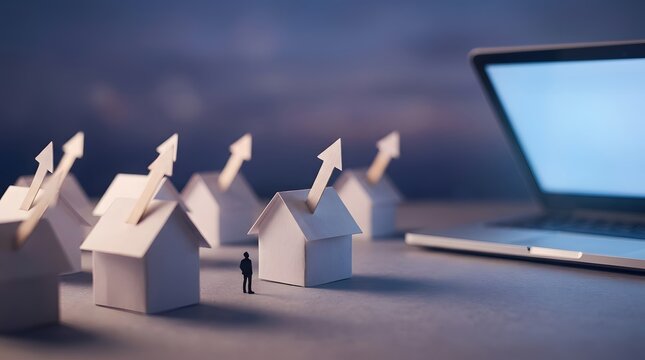 Paper houses arranged in front of a laptop representing online real estate or virtual community