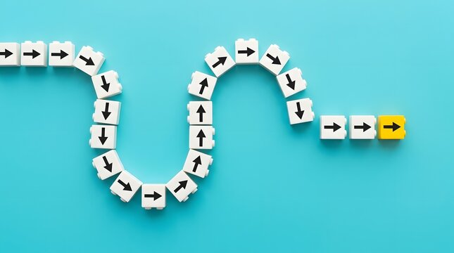 Conceptual image of white arrow blocks leading to a single yellow arrow on blue