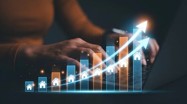Human hands are shown interacting with digital financial data and a glowing growth chart visualization