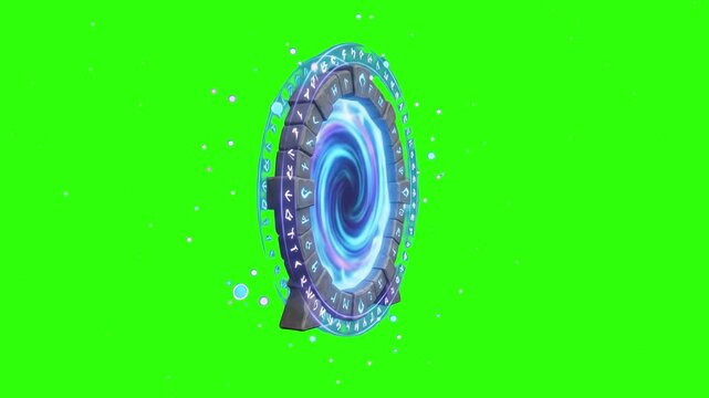 A 3D rendered sci-fi fantasy portal ring with glowing blue vortex energy on a chroma key green background. Ideal for fantasy game level transitions, sci-fi movie VFX, magic spell animations, teleporta