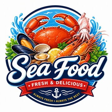 Fresh Seafood Badge Design Featuring Crab Shrimp Squid Clam Mussels