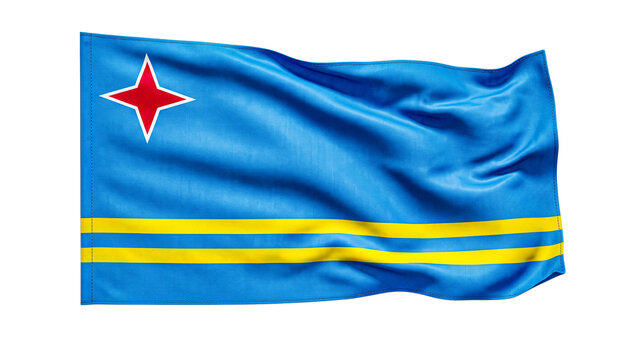 Aruba flag waving in wind, close up, realistic fabric texture, national symbol.