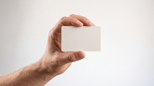 A person's hand holding a blank white business card or credit card horizontally.