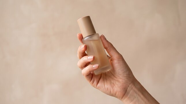 A close-up shot of a hand holding a frosted glass cosmetic bottle with a pump or dropper lid.
