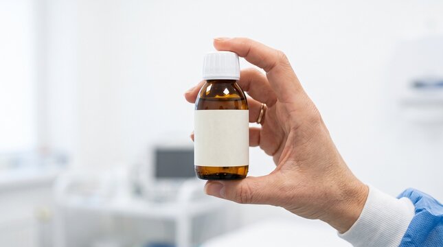 A hand holding a small brown glass amber bottle with a white cap, showing only the container.