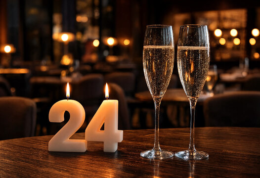 Two champagne flutes with candles spelling twenty four on table