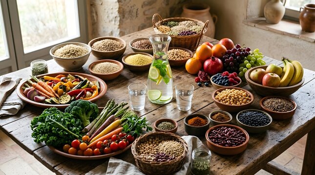Abundance of healthy organic food with fresh vegetables fruits grains and nuts on wooden table