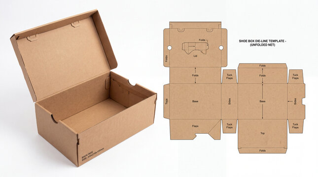 Cardboard box and unfolded die line template on white background
