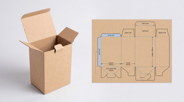 Cardboard box open next to its flat die cut packaging template layout
