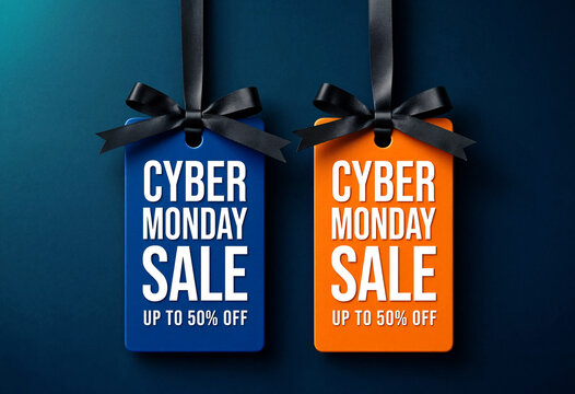 Two colorful sale tags promoting cyber monday discounts up fifty percent