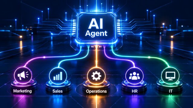 Centralized artificial intelligence agent managing business operations connecting marketing sales human resources and information technology.
