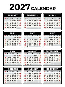 Minimalist black and white design 2027 year calendar grid template planner