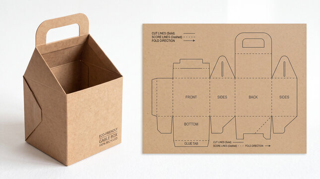Cardboard gable box with flat die cut template pattern on white background