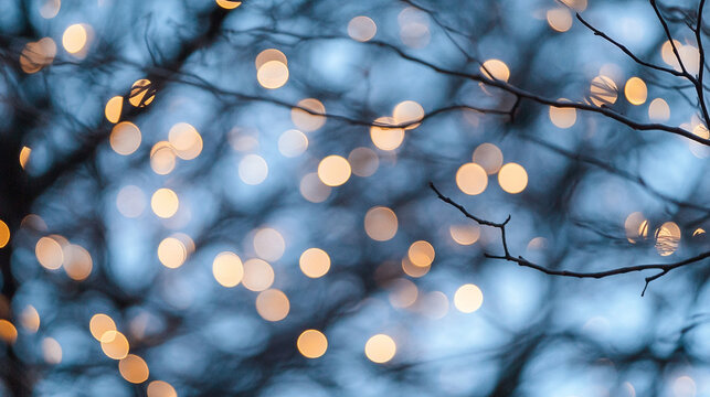 Golden Bokeh Lights Behind Bare Winter Branches