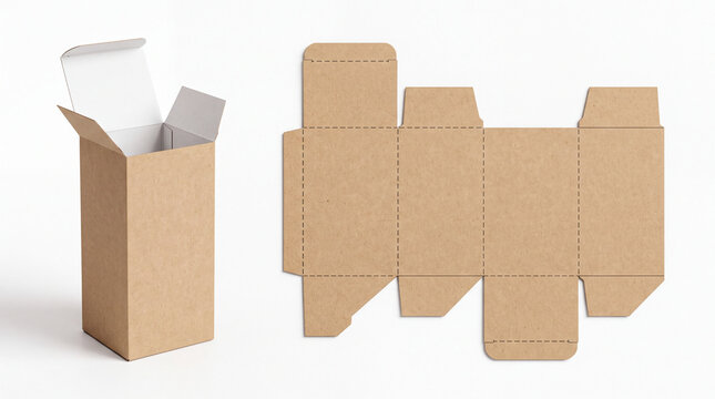 Kraft paper cardboard box packaging mockup and flat die cut layout
