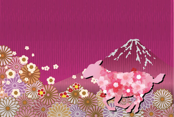 Obraz premium 富士山と花々をモチーフにしたピンク色の和風デザイン