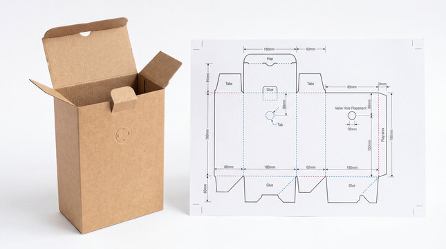 Open brown cardboard box standing next to a paper sheet with technical die cut layout and blueprint measurements on white background