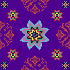 Colorful geometric mandala background showcasing elegant vintage floral motifs and classic retro elements for seamless textile fabric print and ornate wallpaper. © Wanida