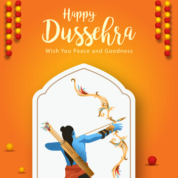 Dussehra Festival Greeting Poster Featuring Lord Rama Holding a Bow and Arrow Inside an Ornamental Indian Arch with Hanging Marigold Garlands on an Orange Background, Editable Vector Illustration