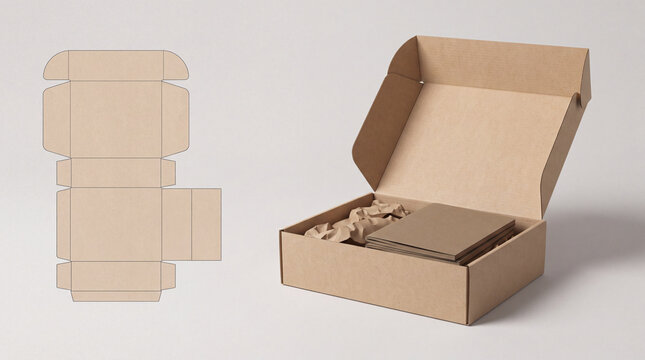 Open cardboard box with flat die cut template layout on light background