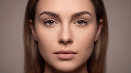 Fototapeta premium Close up portrait of a woman with natural makeup and smooth healthy skin looking forward against a neutral background