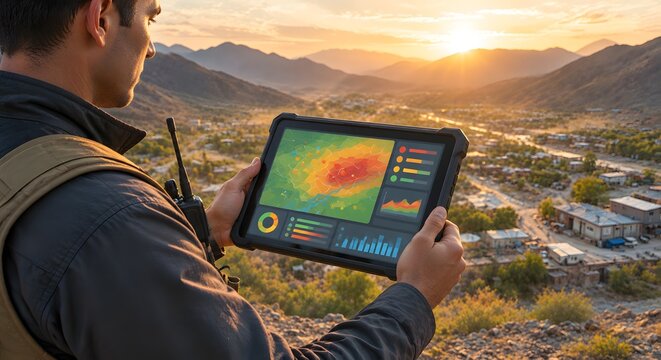 Military Command and Control: Left POV of Officer Holding Rugged Tactical Tablet with Battlefield Situation Awareness Dashboard at Forward Operating Base at Sunset