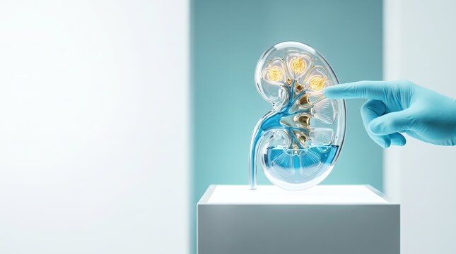 Doctor Hand Pointing at Glass Kidney Model Demonstrating Renal Filtration System