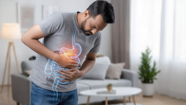 Young Indian man suffering from stomach pain and acidity indigestion standing at living room home