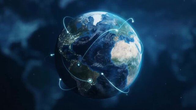 Planet Earth globe glowing with digital data connection lines and network data streams floating around the globe in outer space representing global telecommunication and worldwide internet