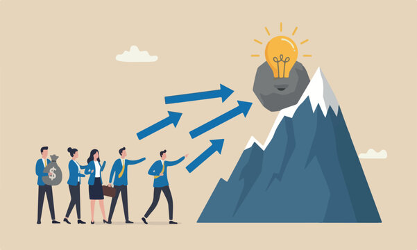 Fundraising ,boulder uphill mountain peak donation, investing or VC venture capital to support startup idea concept, business people donate or contribute fund raiser new lightbulb project