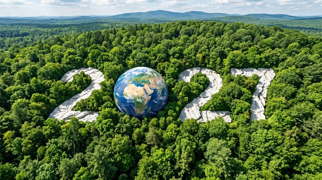 2027 text with a globe in a lush green forest landscape