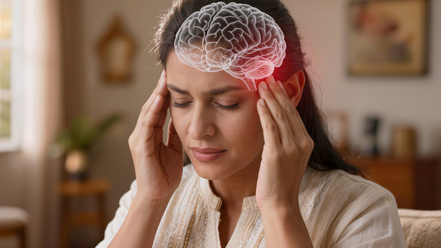 Young Indian woman suffering from severe headache and migraine brain pain holding head at home