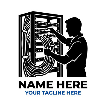 IT technician working with server rack and cables, data center concept, silhouette logo