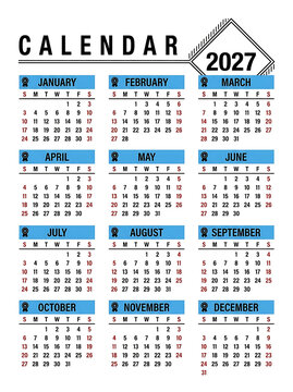 Clean vector calendar template for the year 2027 with blue monthly headers
