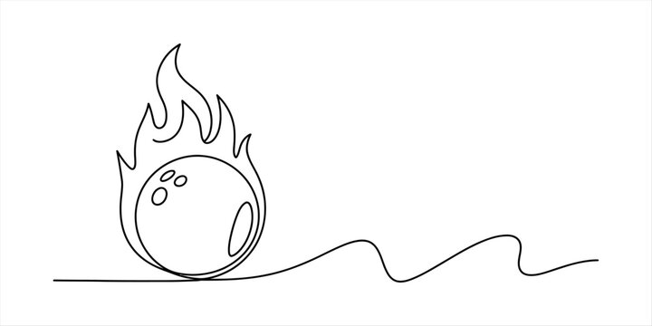 Continuous single line drawing of a flaming bowling ball rolling on the ground